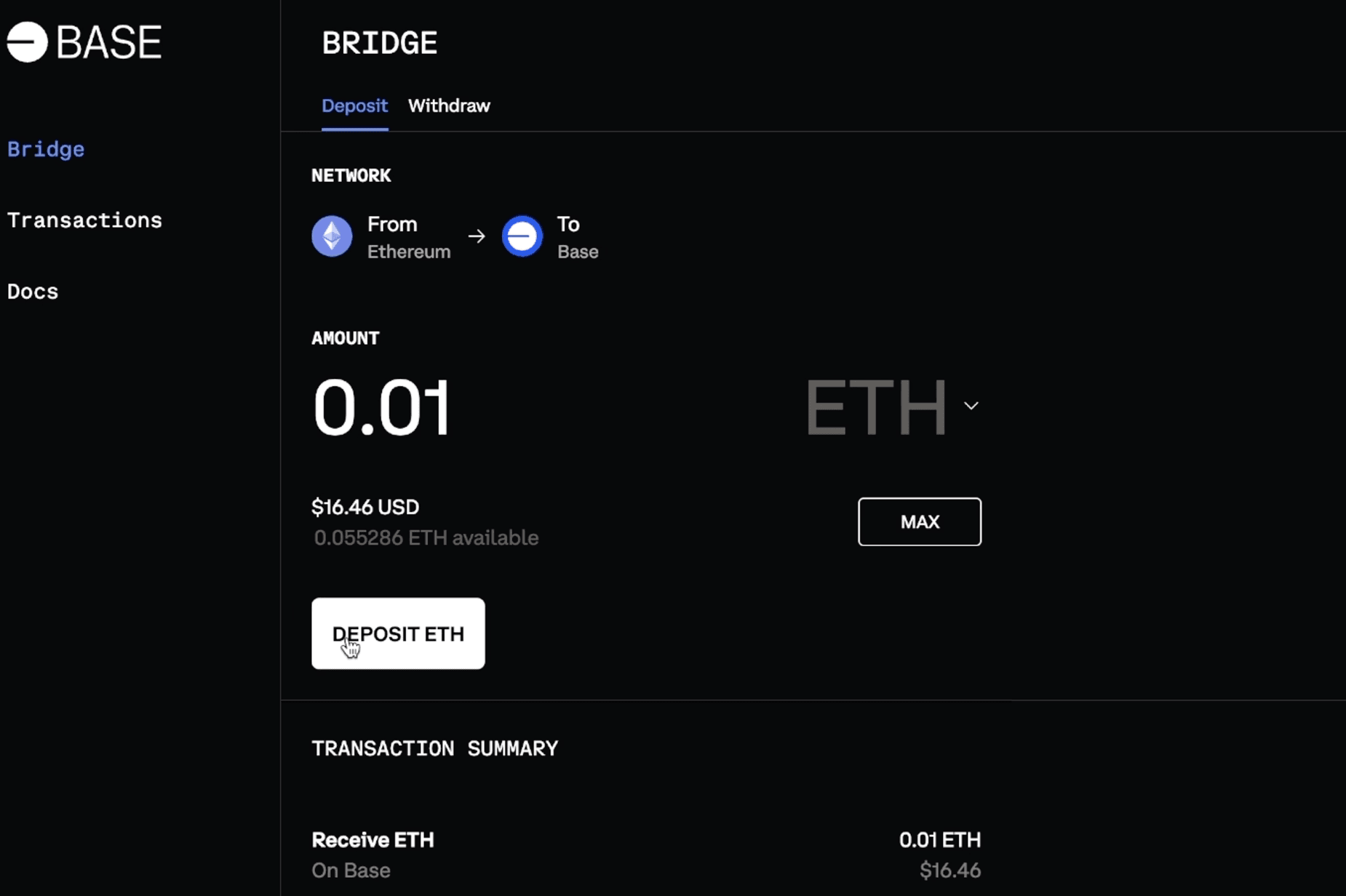 User bridging ETH from Ethereum mainnet to Base using the official Base bridge interface, showing wallet connection and transaction confirmation for airdrop eligibility steps in 2024.