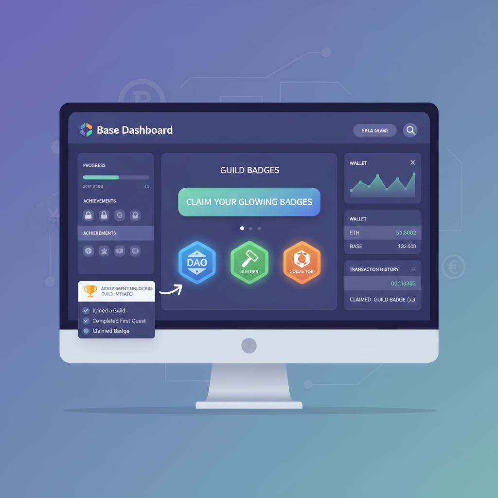 claiming glowing guild badges on Base dashboard, achievement unlocks, gamified crypto UI