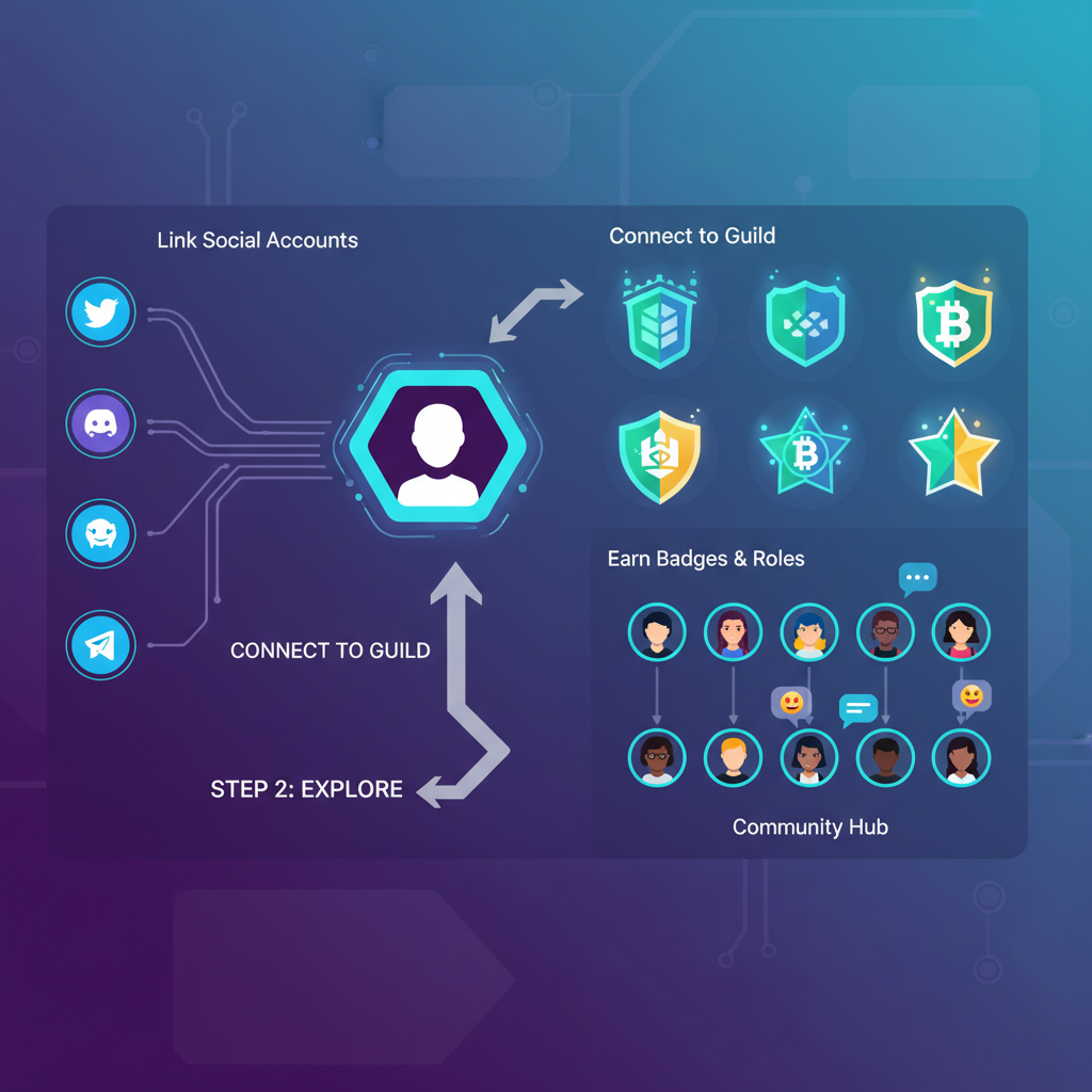 user linking social icons to crypto guild dashboard, badges glowing, vibrant community hub