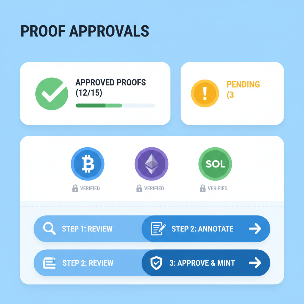 dashboard status page showing approved proofs, crypto token icons