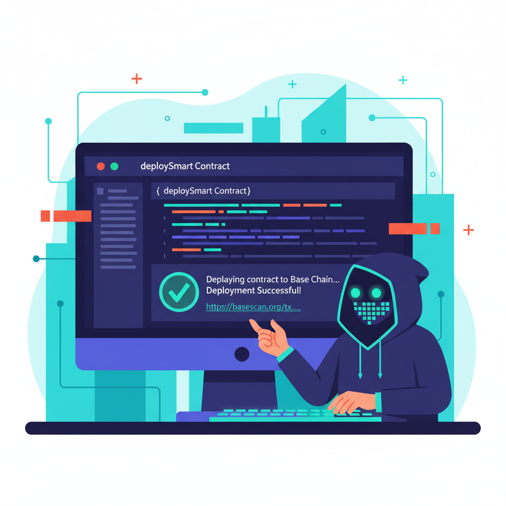 code editor deploying smart contract on base chain, green success checkmark, hacker vibe