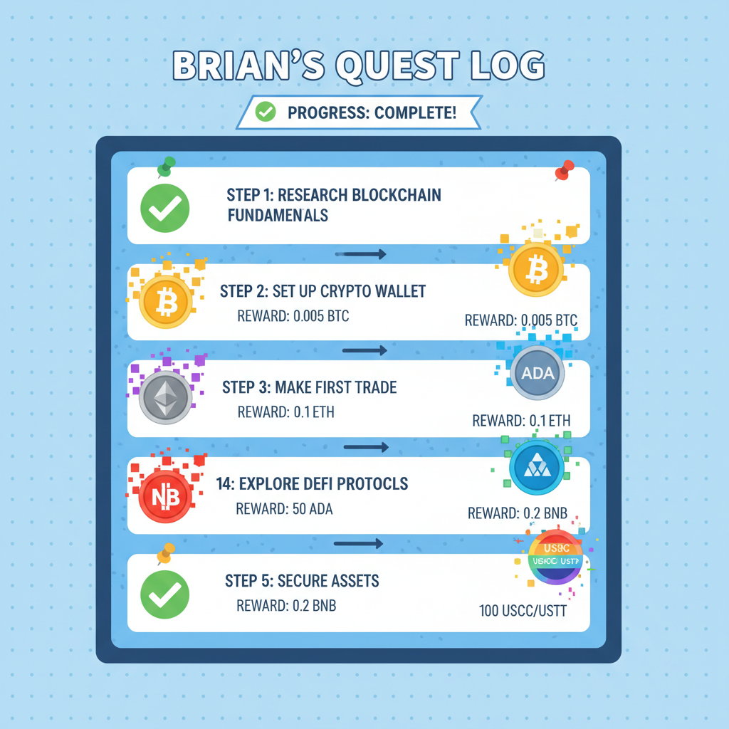 step-by-step quest board with Brian tasks checked off, crypto rewards popping, clean design