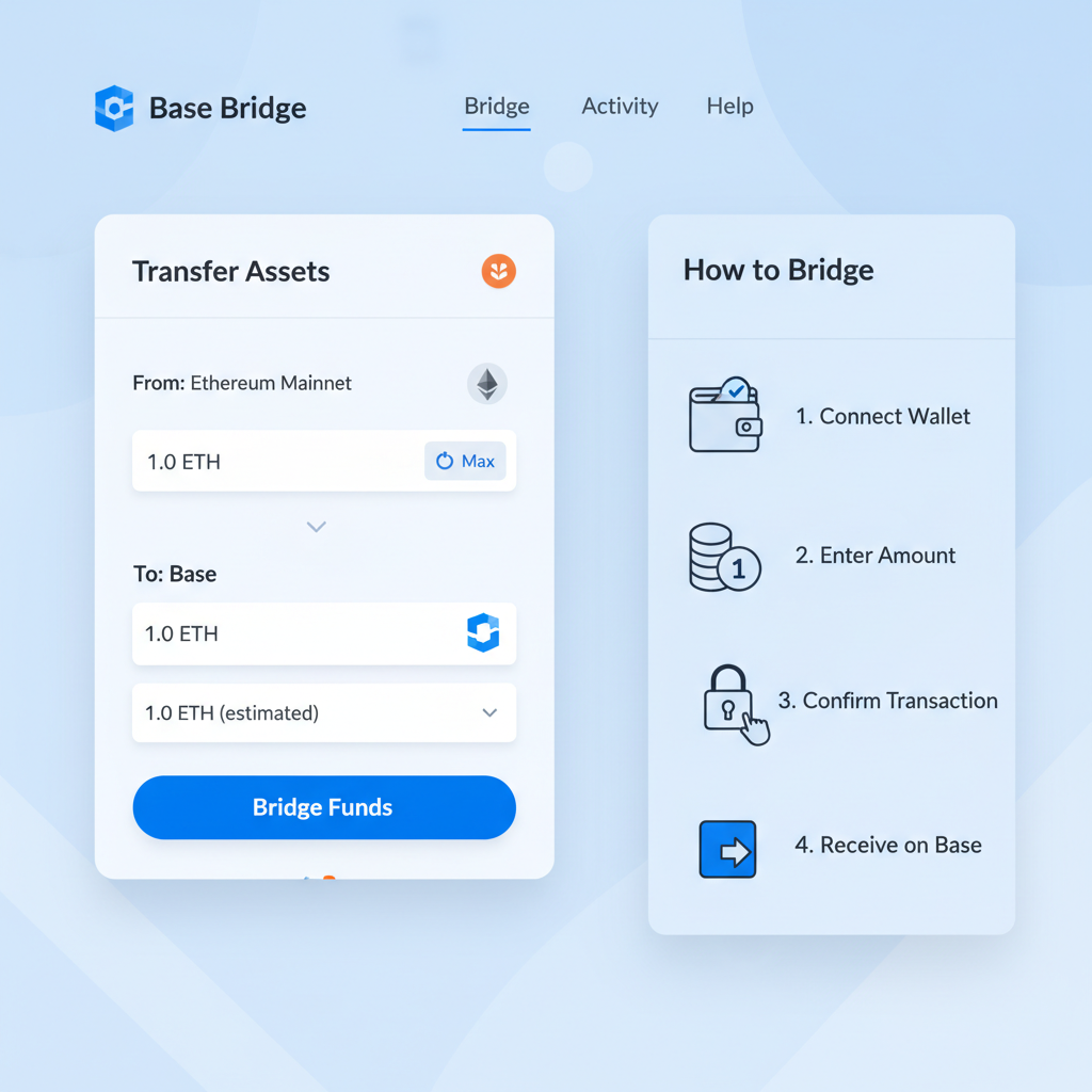 Base Bridge website interface with ETH bridging to Base, modern web UI