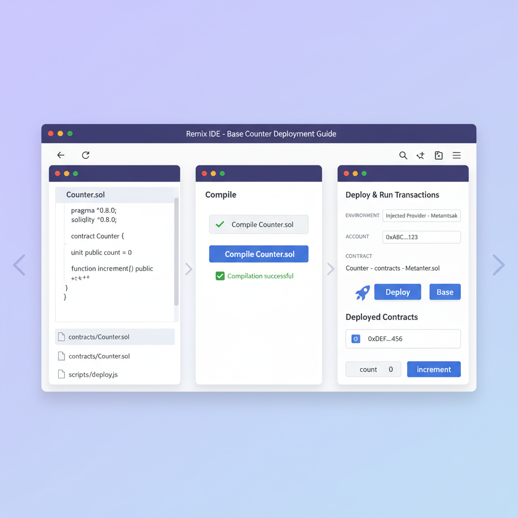 screen style remix ide interface deploying simple counter smart contract on Base blockchain