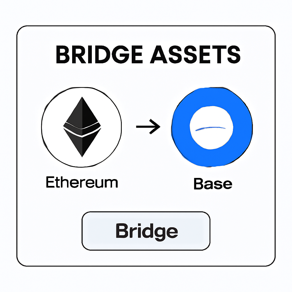 A digital interface showing the process of bridging assets from Ethereum to Base, with both network logos visible.