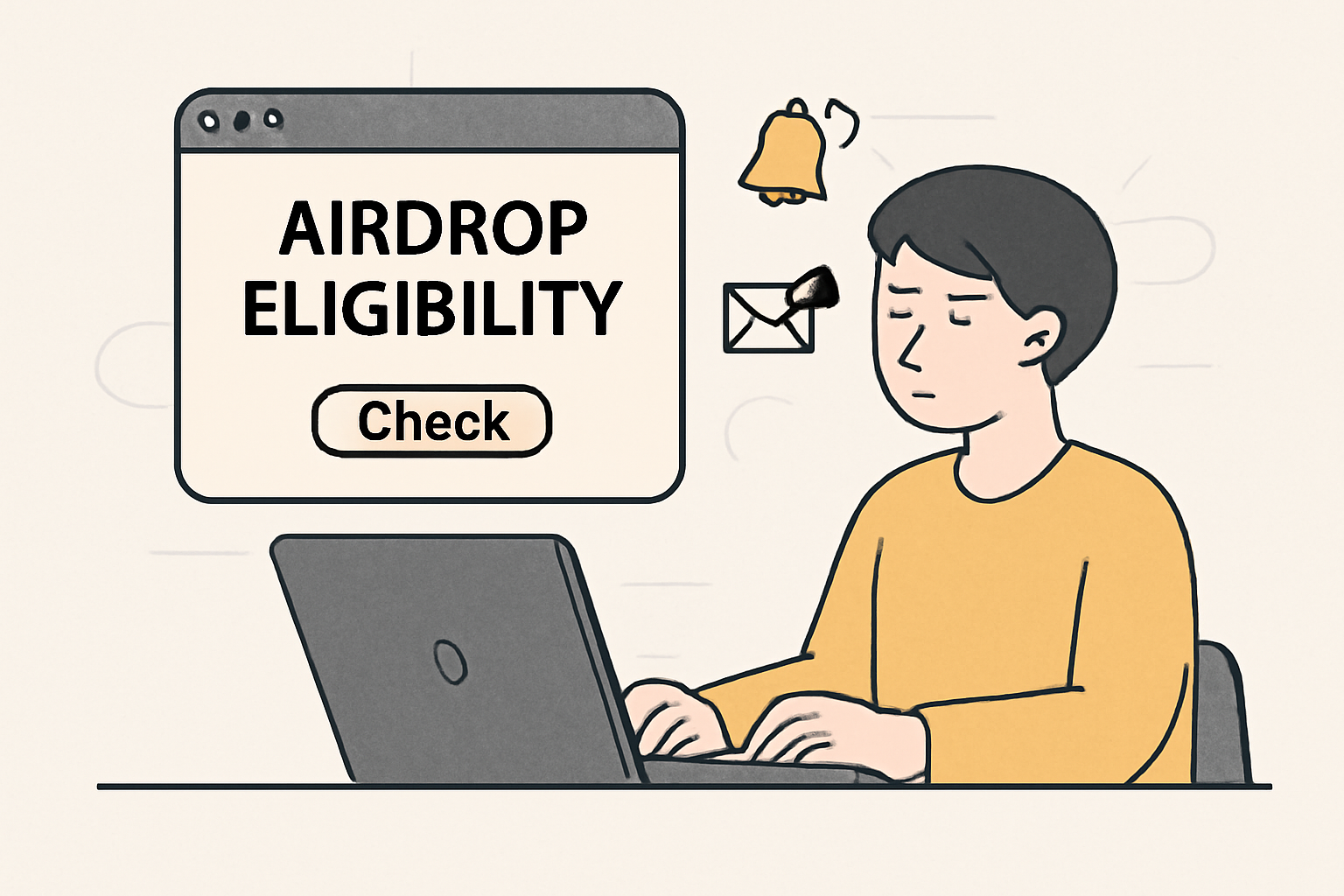 A user checking airdrop eligibility on a secure website, with notification icons for updates