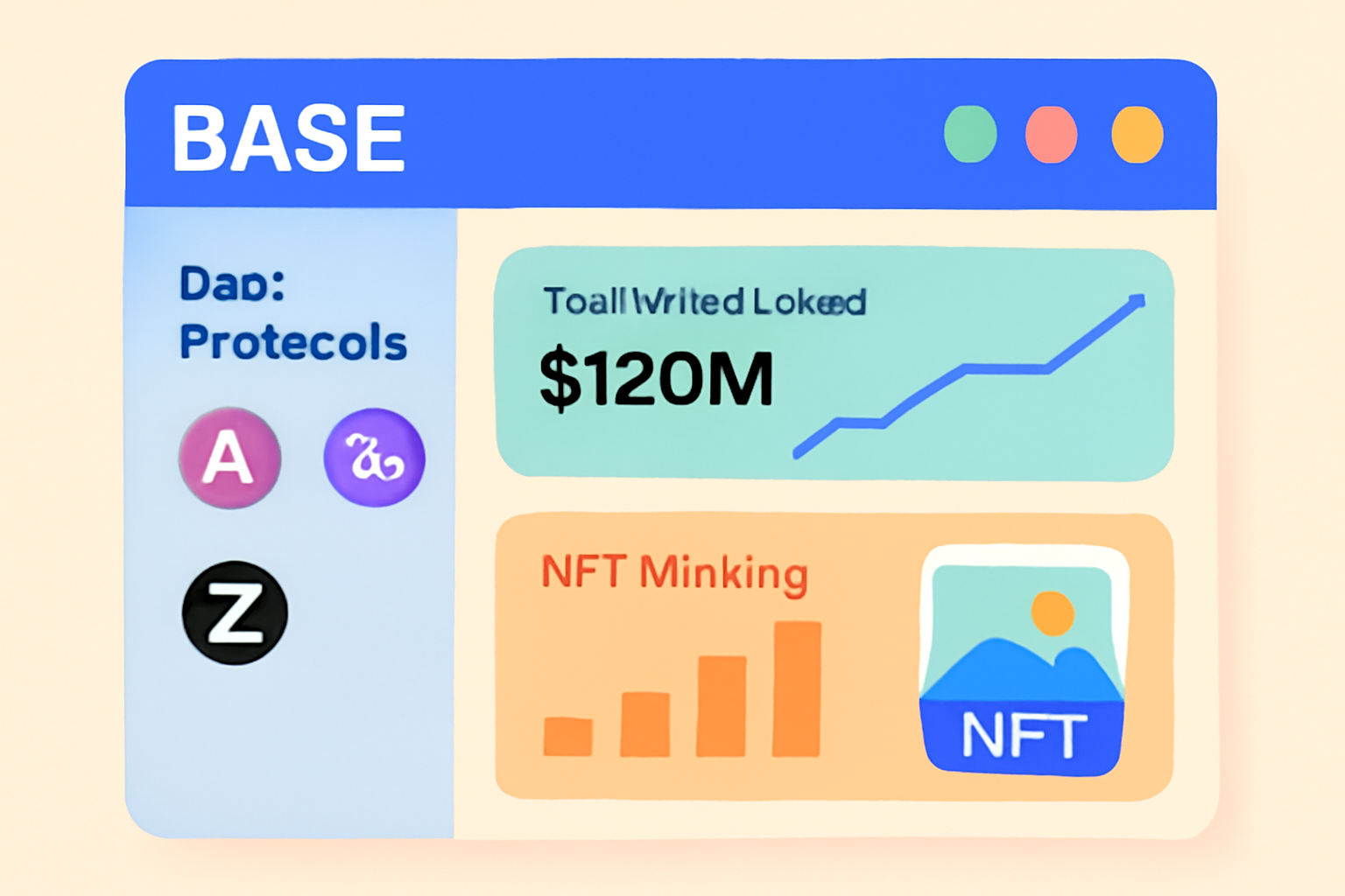 A vibrant dashboard showing DeFi protocols and NFT minting activities on the Base network, with icons for Aave, Uniswap, and Zora.