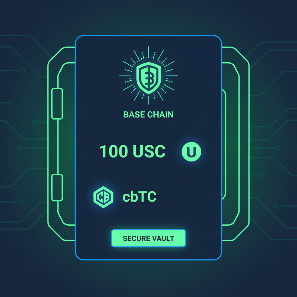 crypto wallet interface base chain holding 100 USDC cbBTC icons glowing secure vault minimalist neon green blue