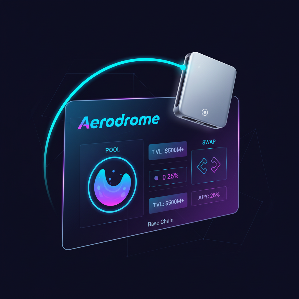 sleek crypto wallet connecting to Aerodrome dApp interface on Base chain, futuristic UI, neon blues and purples, high-tech dashboard
