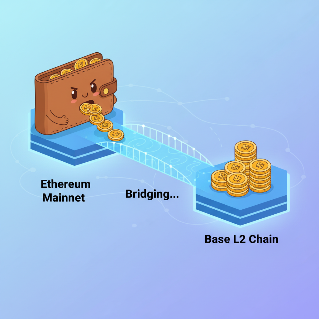 cartoon illustration of wallet bridging golden ETH coins from Ethereum mainnet to Base L2 chain across a glowing bridge