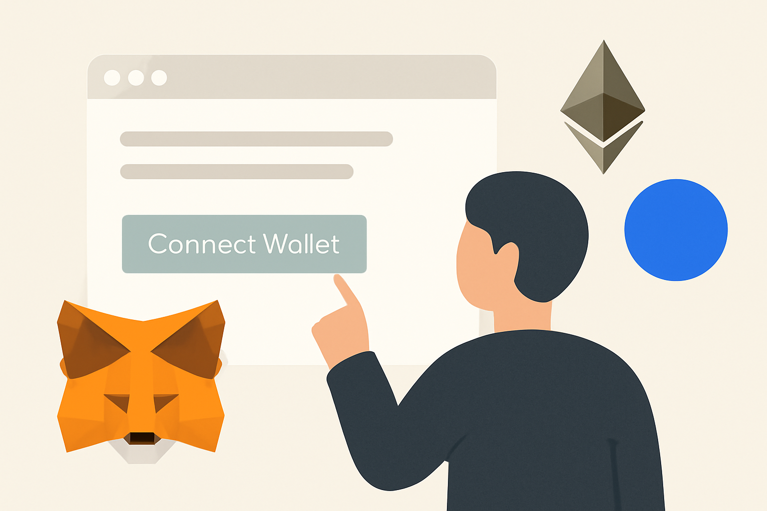 A user connecting their MetaMask wallet to a web interface, with Ethereum and Base logos in the background.