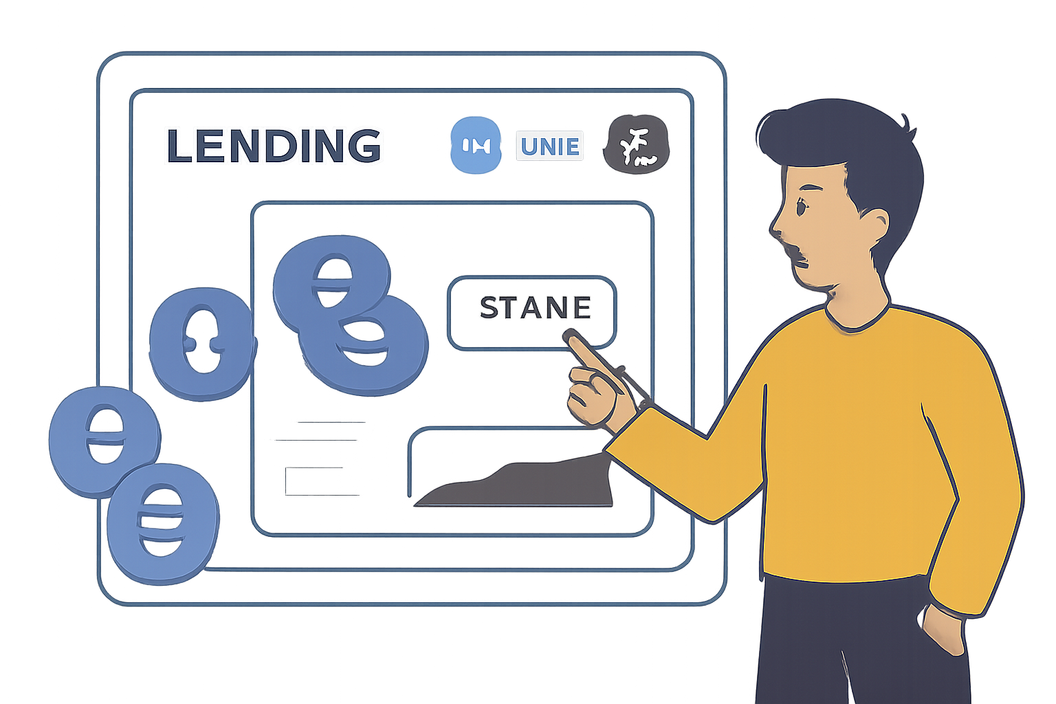 A user interacting with a lending dashboard, showing tokens being staked, Base and protocol logos, modern UI