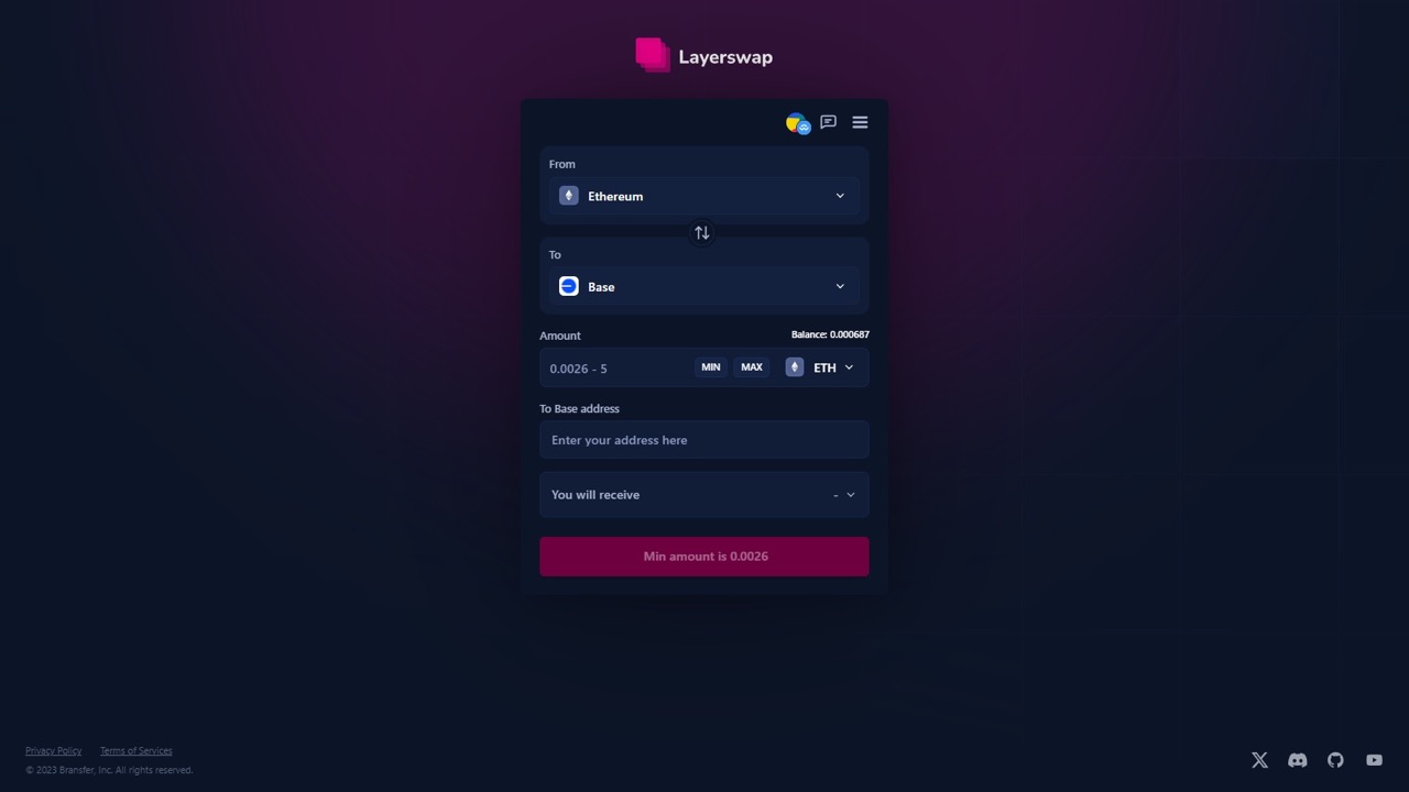 Base network official bridge ETH transfer screenshot