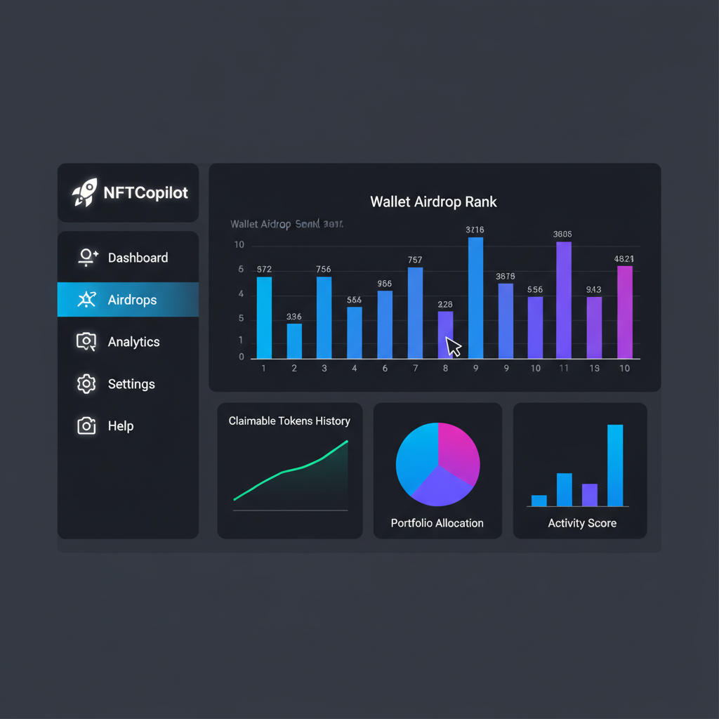 NFTCopilot dashboard showing wallet airdrop rank chart, metrics graphs, dark mode