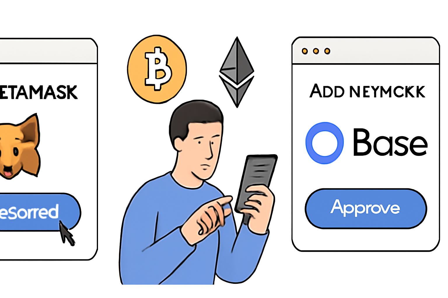 A user setting up MetaMask wallet and adding the Base network, with clear interface elements and crypto icons.