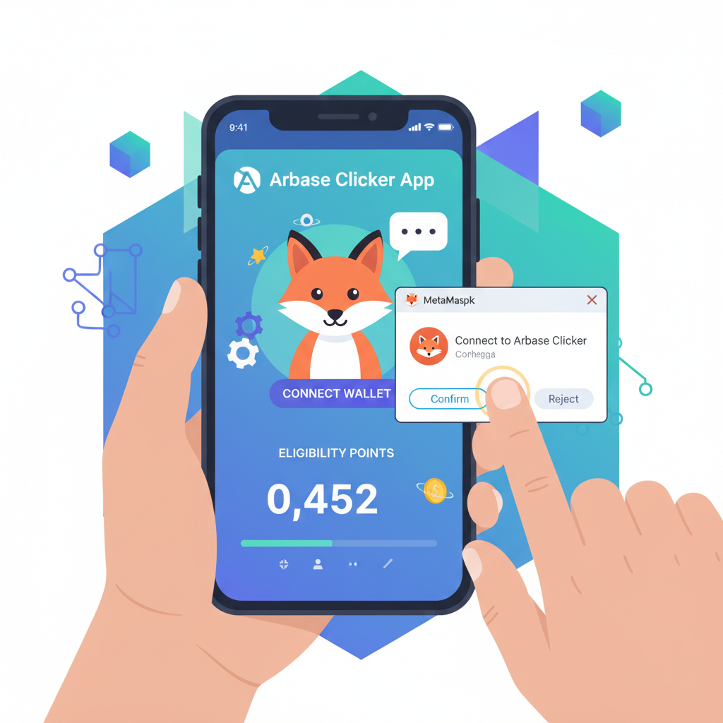 user connecting MetaMask to Arbase Clicker app, eligibility points counter rising, energetic crypto dashboard