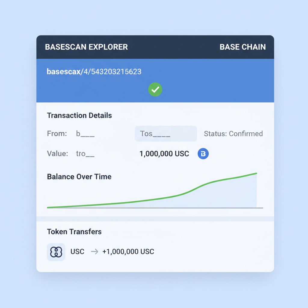 basescan explorer showing usdc balance arrival on base chain, data dashboard ui