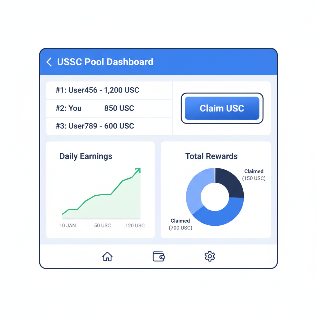 Base app rewards dashboard showing USDC pool leaderboard and claim button, graphs of earnings, professional crypto UI