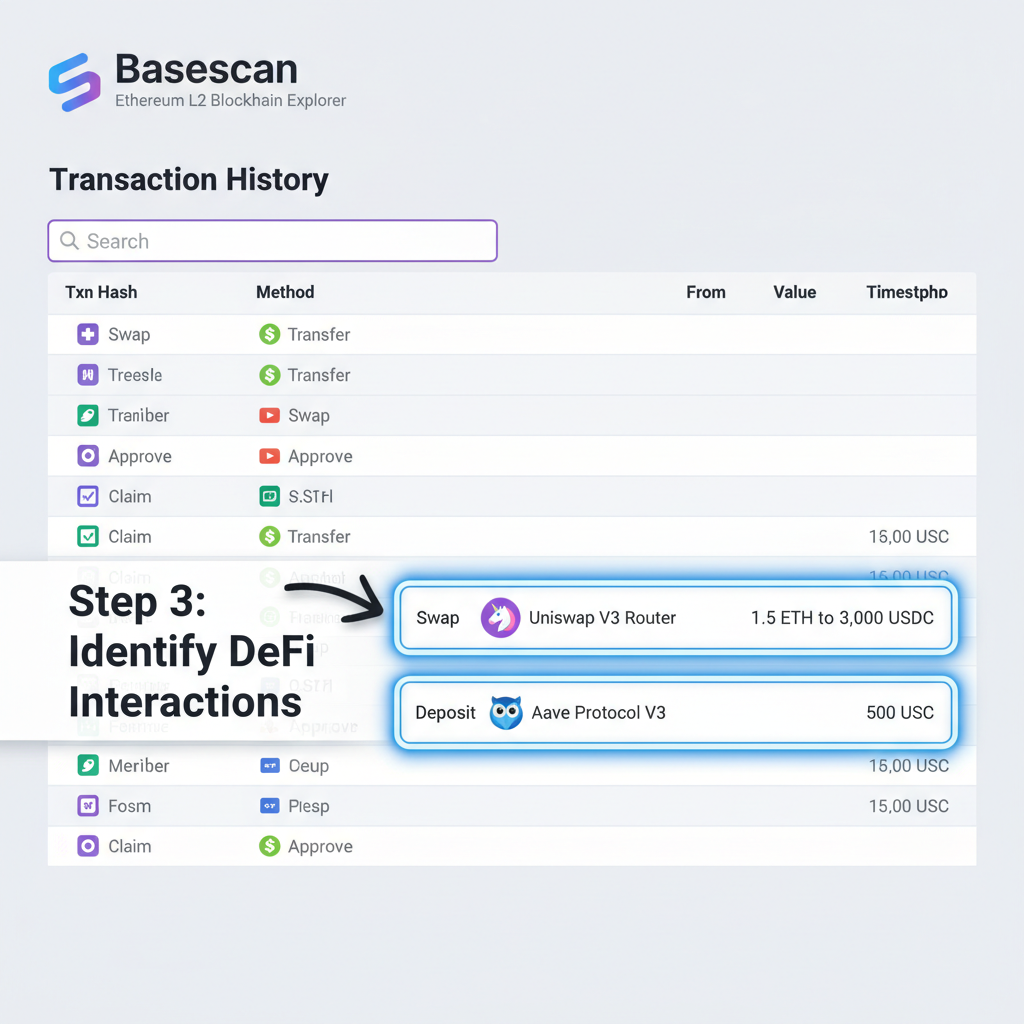 Basescan DeFi txs list with Uniswap and Aave interactions highlighted