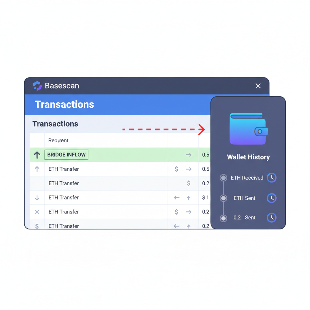 Basescan transactions tab showing bridge inflows, wallet history with ETH transfers