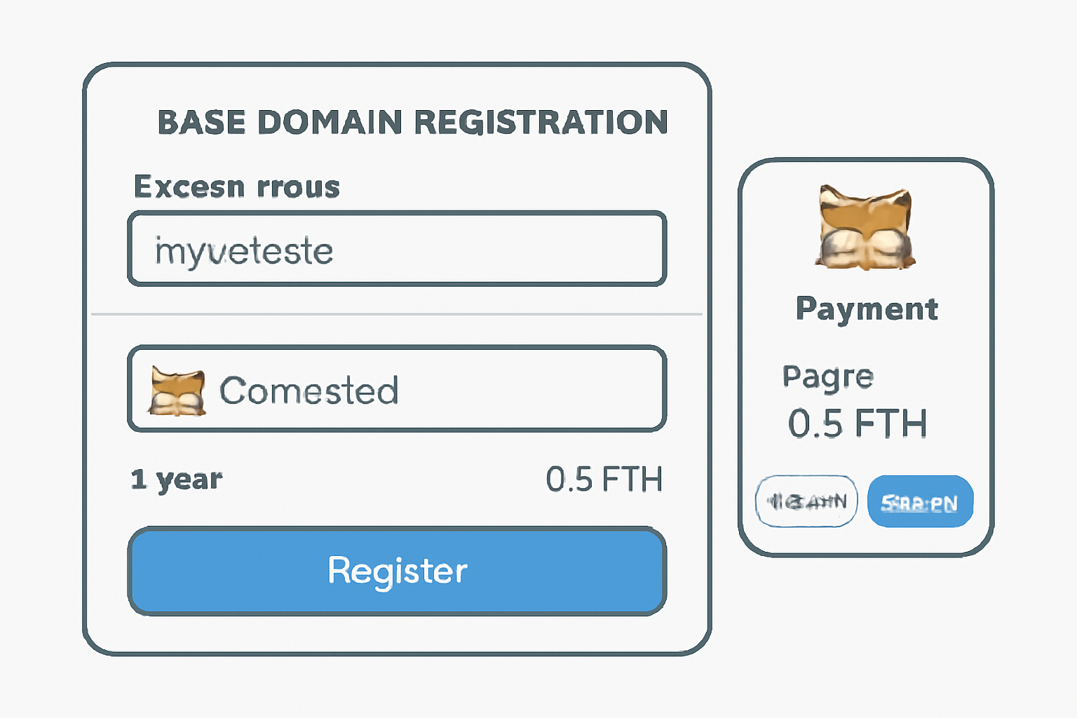 A digital form for registering a .base domain, with a MetaMask wallet connected and ETH payment prompt visible.