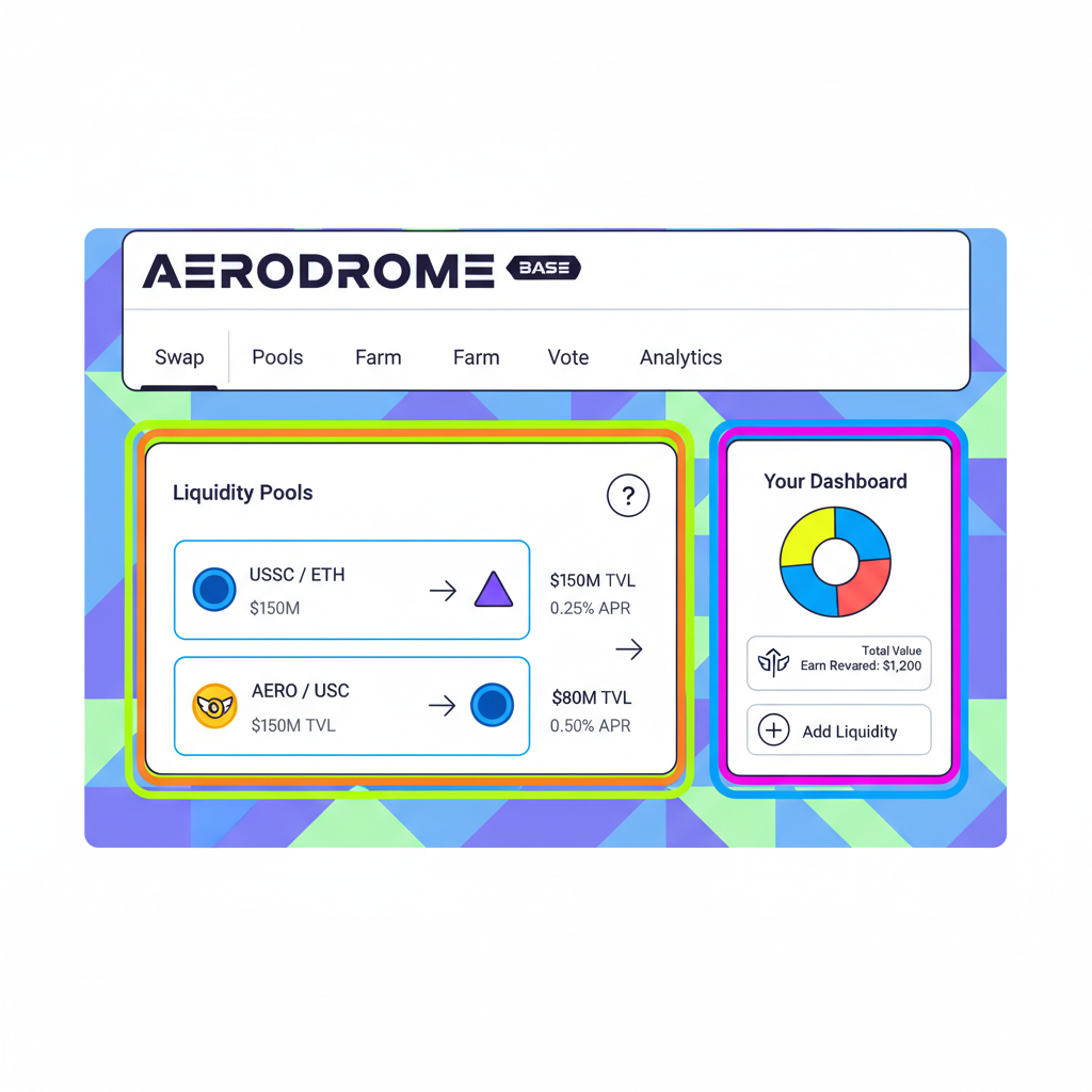 aerodrome dex homepage on base, vibrant defi dashboard with liquidity pools