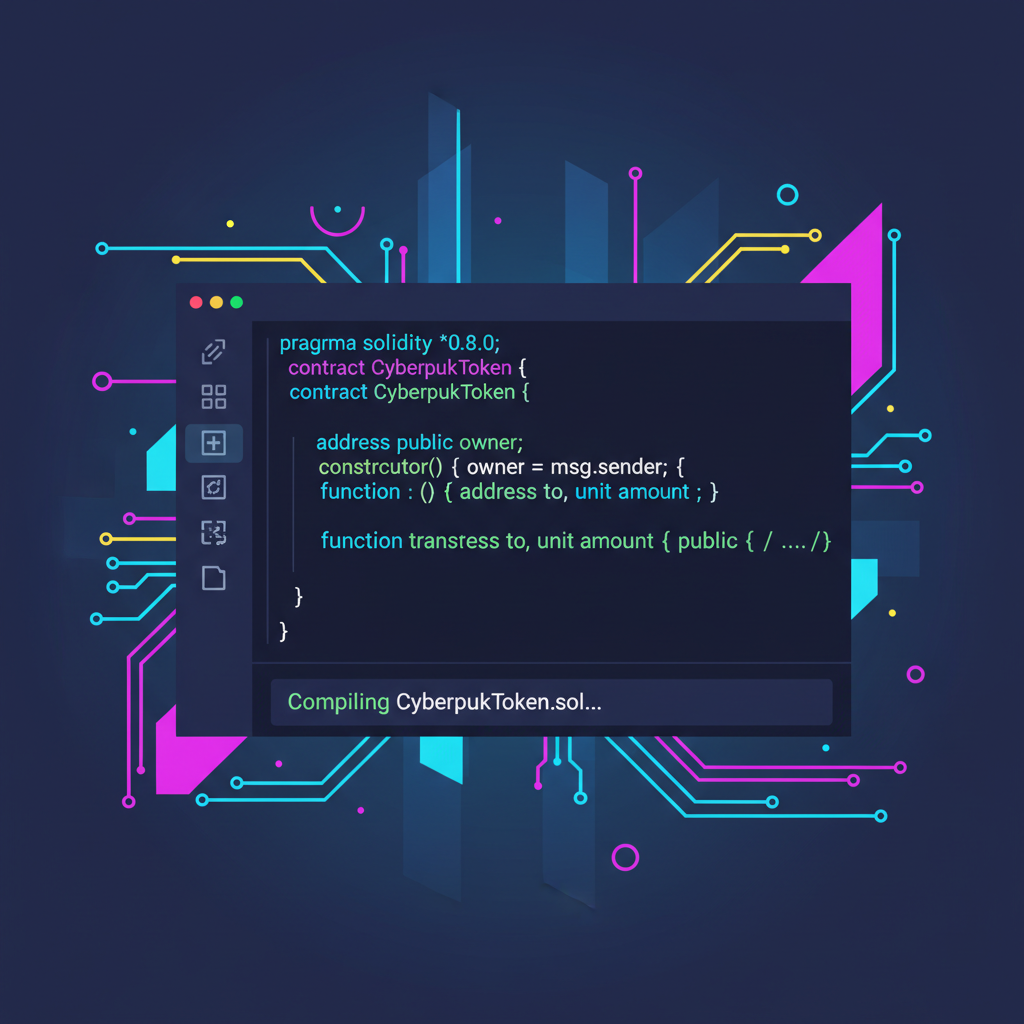 Solidity smart contract code in Remix IDE editor, glowing syntax highlight, cyberpunk style