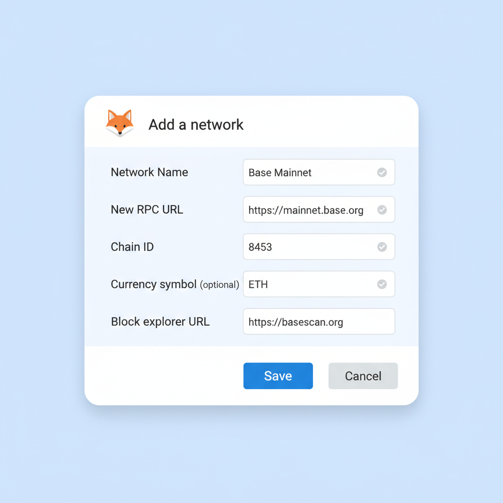 MetaMask add network form filled with Base Mainnet details like RPC URL and Chain ID