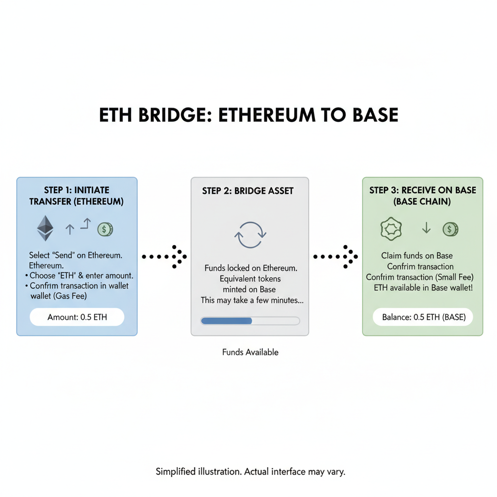 Base App bridge interface showing ETH transfer from Ethereum to Base, simple flowchart UI