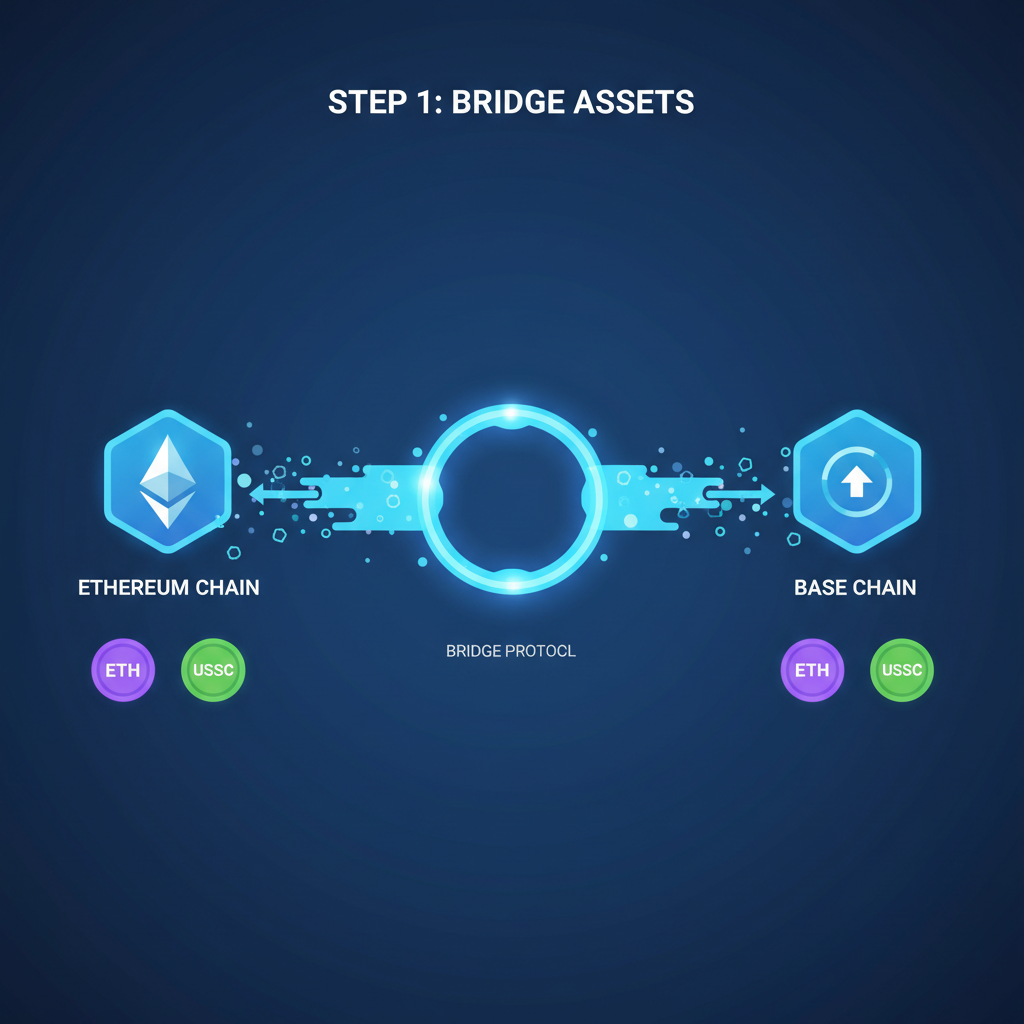 crypto bridging animation eth usdc flowing from ethereum to base chain, particle effects