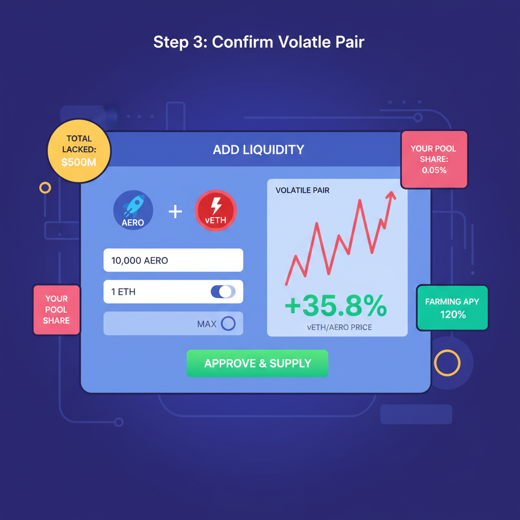 Aerodrome liquidity pool add screen, volatile pair chart spiking, DeFi dashboard vibrant