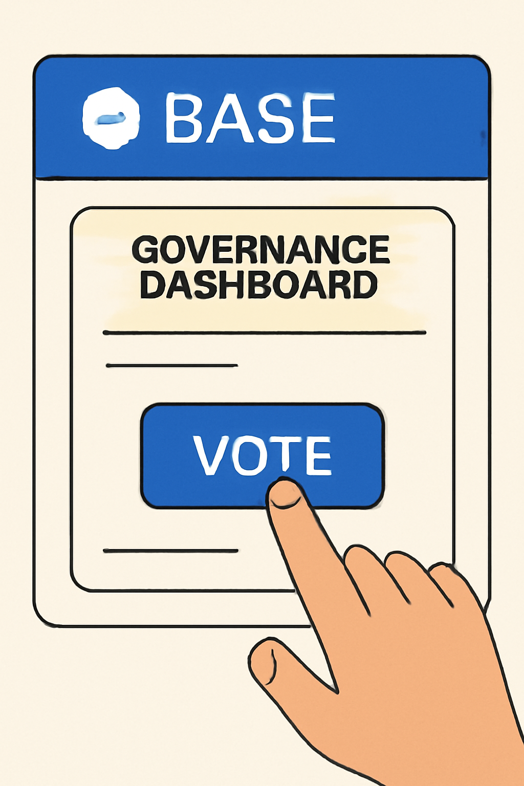 A hand clicking a digital 'vote' button on a governance dashboard, with Base network branding in the background.