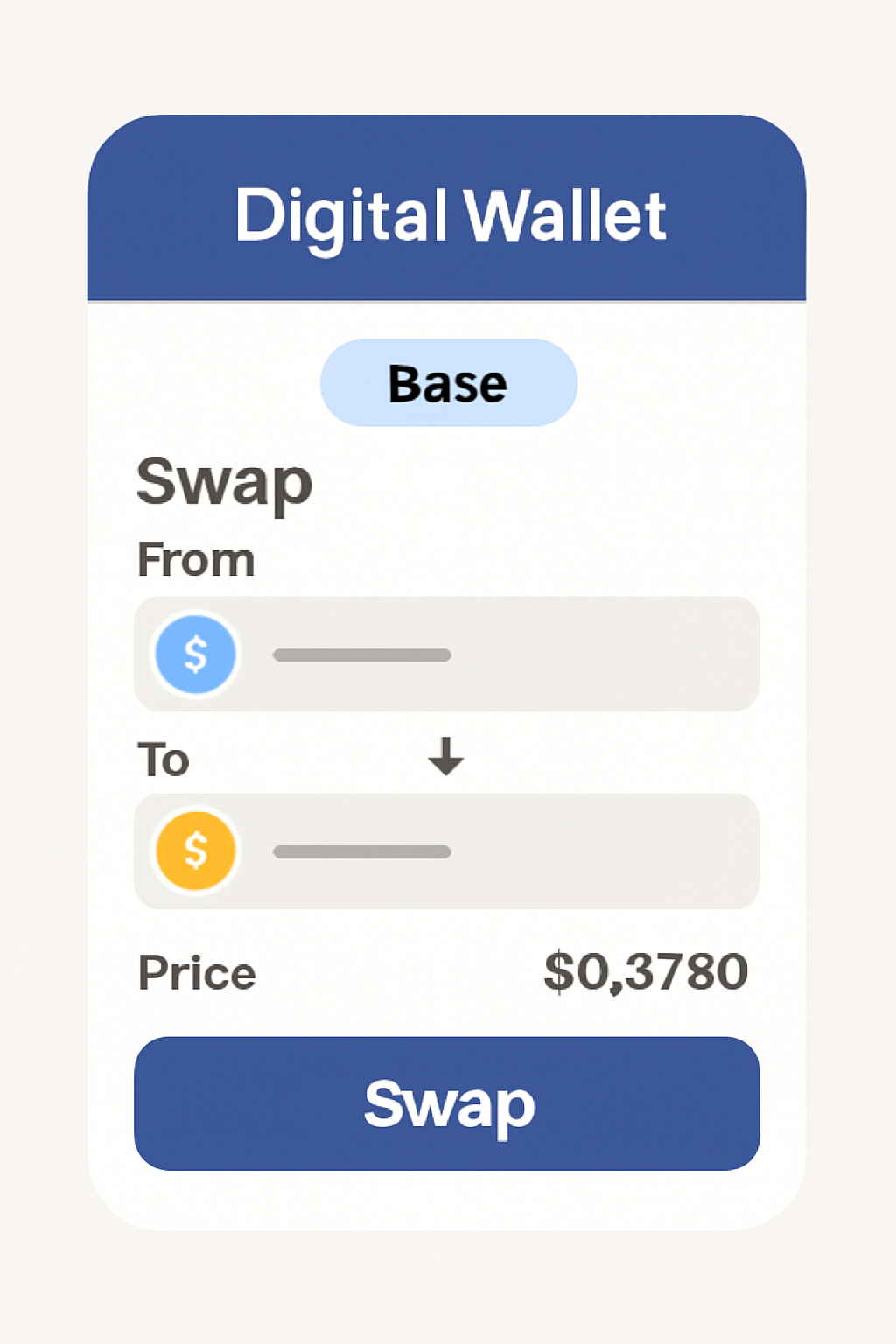 A digital wallet interface showing a token swap on the Base network, with the price $0.3750 visible.