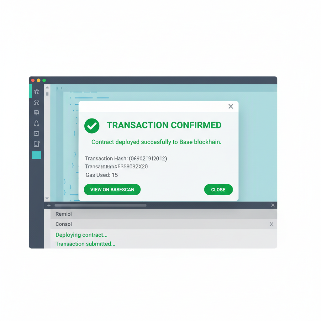 Remix IDE deploying smart contract to Base blockchain, transaction confirmation popup, vibrant green success