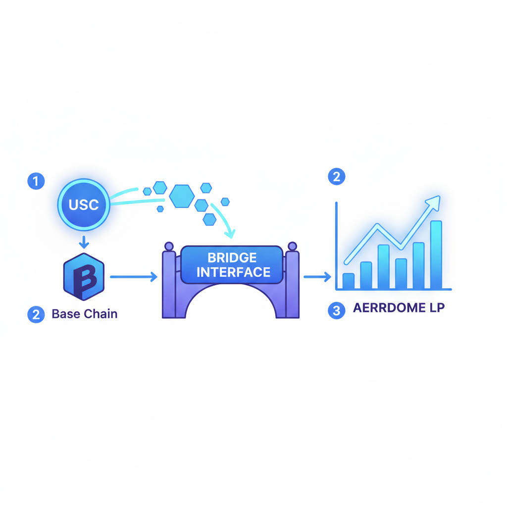 bridge interface transferring USDC to base chain, aerodrome dex liquidity pool chart glowing