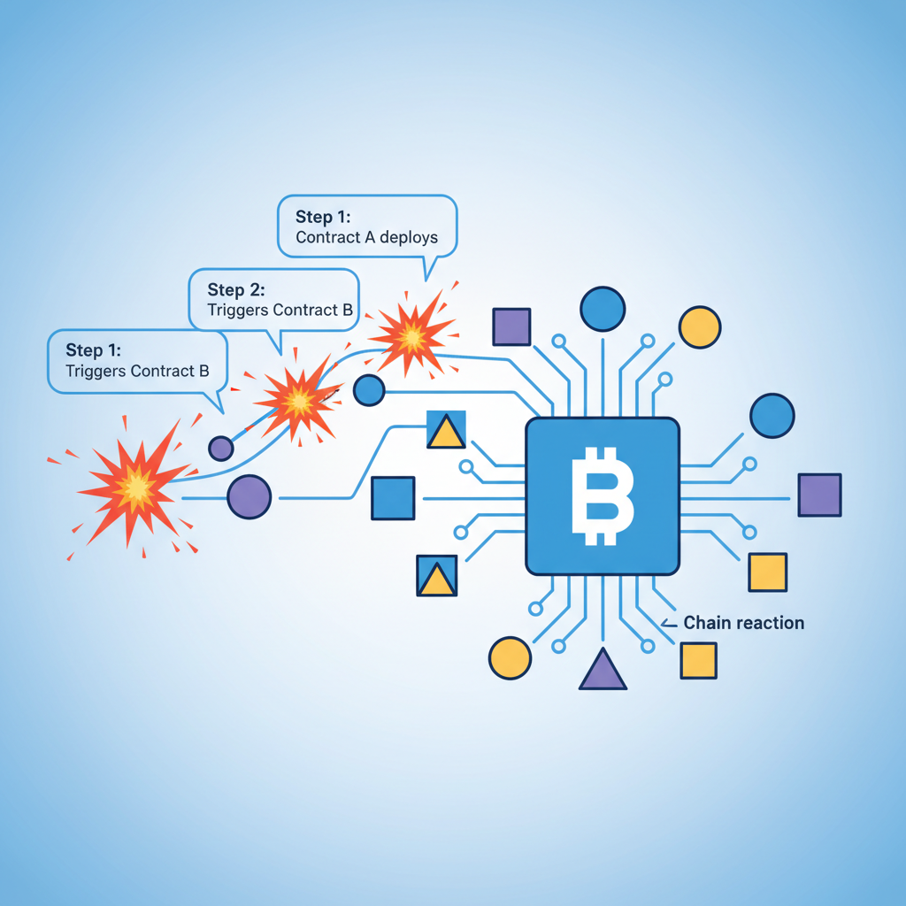 Multiple smart contracts deploying on Base chain, chain reaction visualization, explosive energy