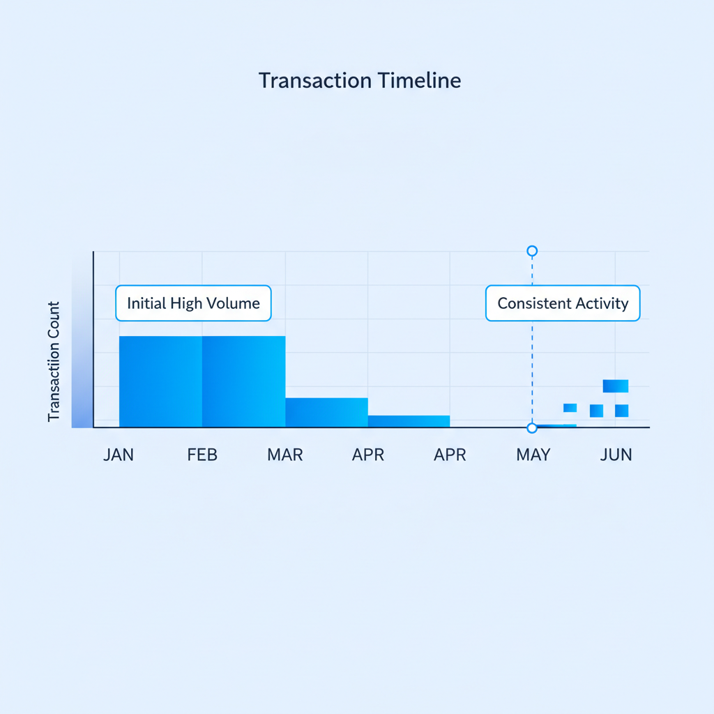 Basescan transaction timeline graph with activity streaks over months