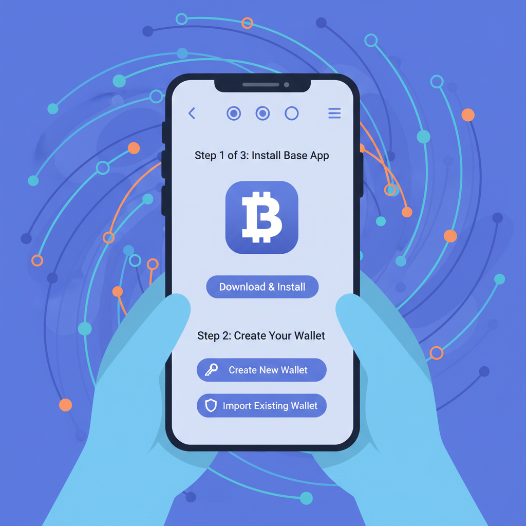 smartphone screen displaying Base App installation and wallet setup on colorful Base chain background