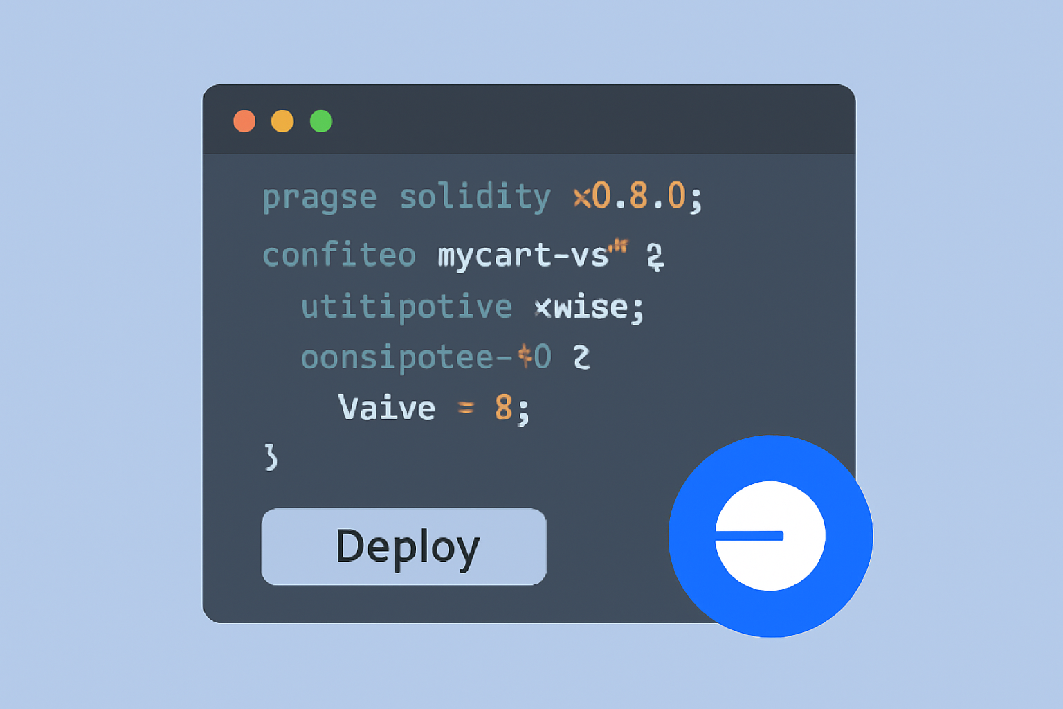 A code editor with smart contract code, 'Deploy' button, and Base network icon in the corner.