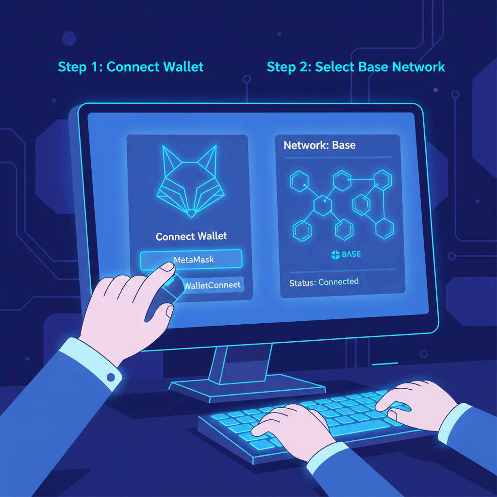 Developer setting up MetaMask wallet connected to Base blockchain, futuristic UI, neon blues