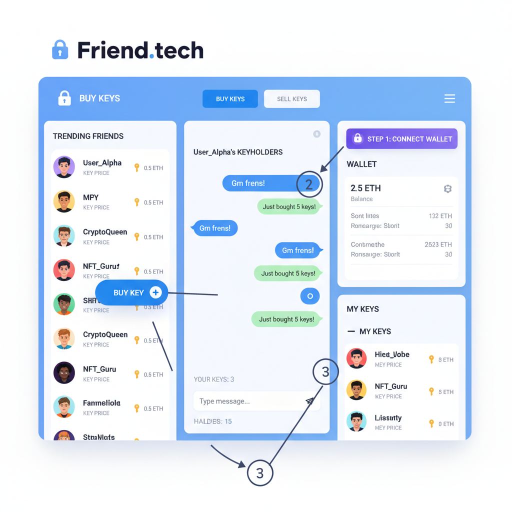 Friend.tech platform dashboard, buying keys and chatting, social crypto interface