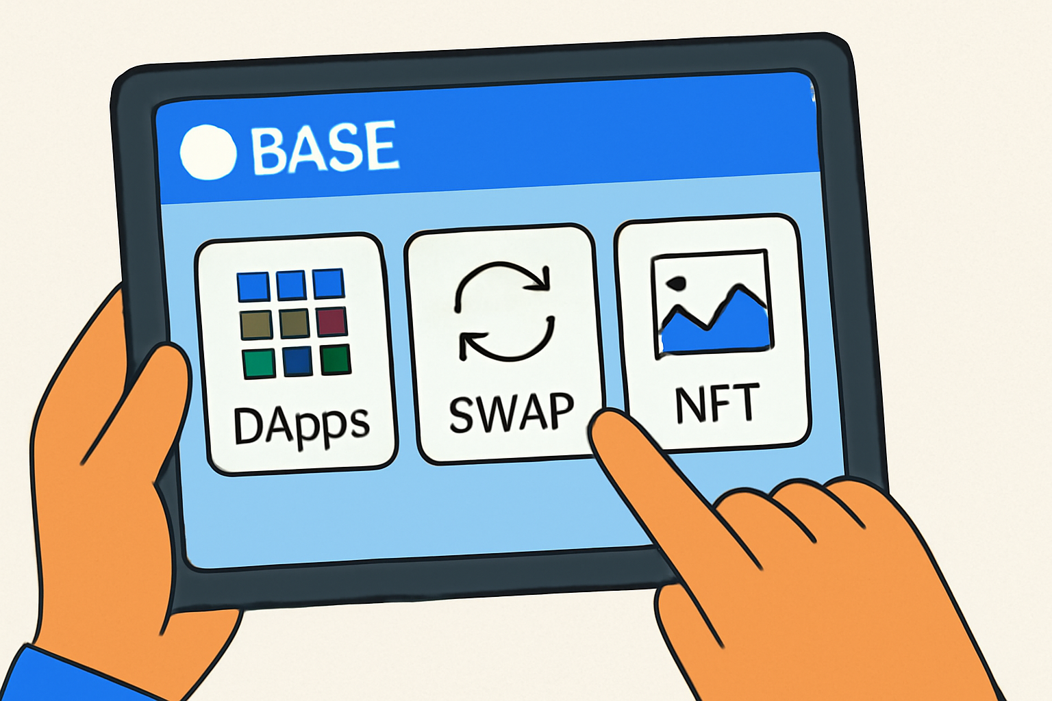 Hands interacting with a touchscreen displaying DApps, swap and NFT icons, Base network branding visible