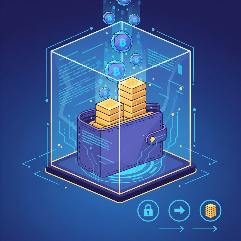 wallet filling with glowing crypto coins on Base chain, golden assets stacking, energetic digital vault
