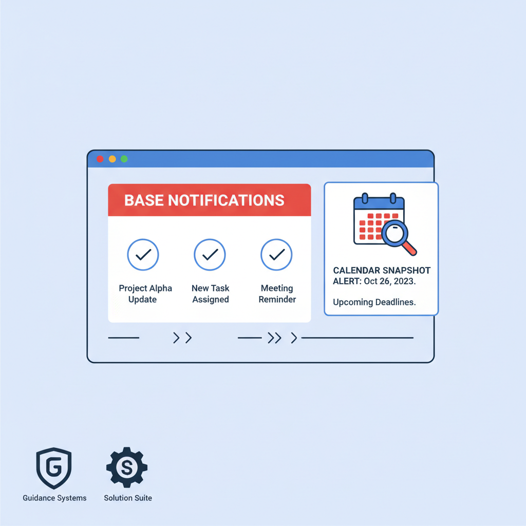 dashboard with Base notifications, calendar snapshot alert, official logos