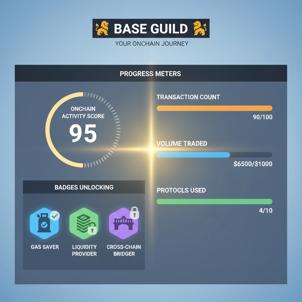 dashboard showing onchain activity score, badges unlocking, progress meters, Base Guild interface, triumphant glow