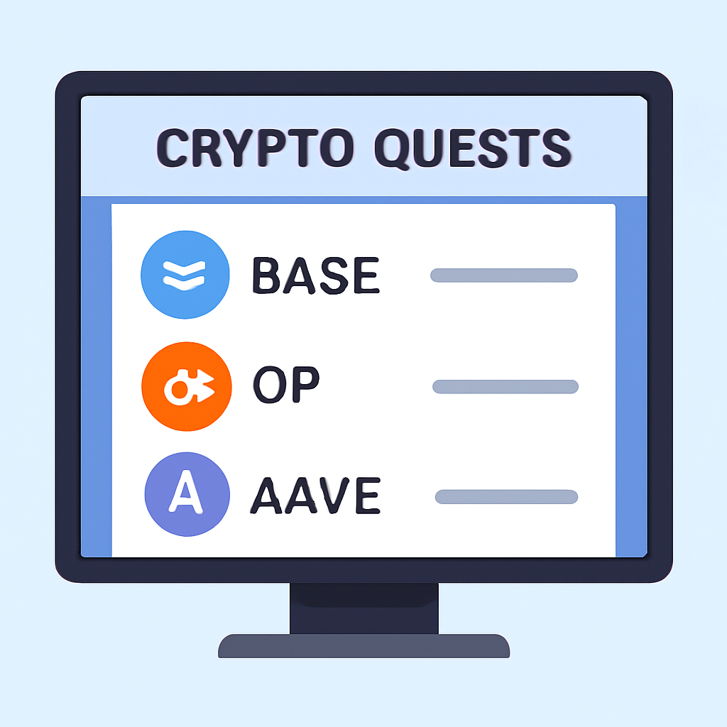 A computer screen displaying a list of crypto quests, with the Base logo highlighted among the options.