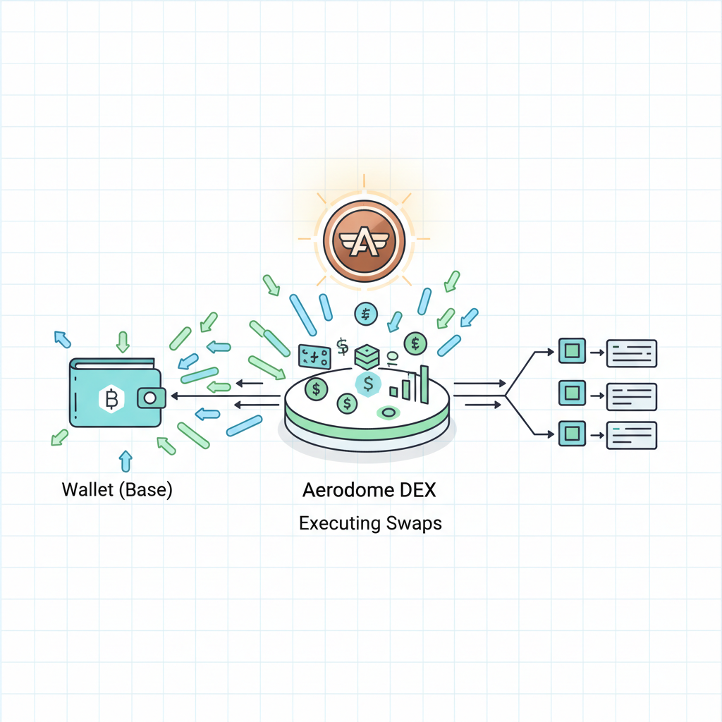 wallet firing off transactions on Base DEX like Aerodrome, transaction arrows flying, badge bronze glowing
