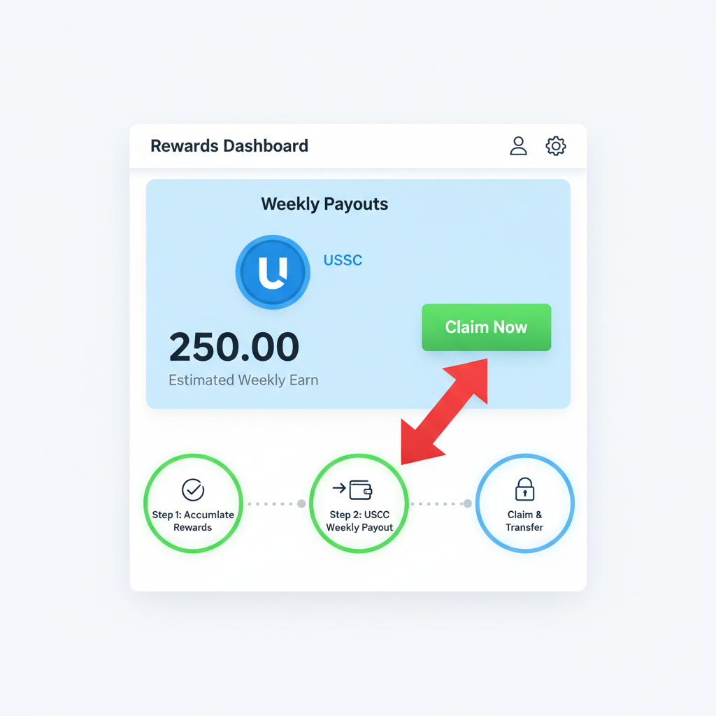 rewards dashboard showing USDC weekly payout claim