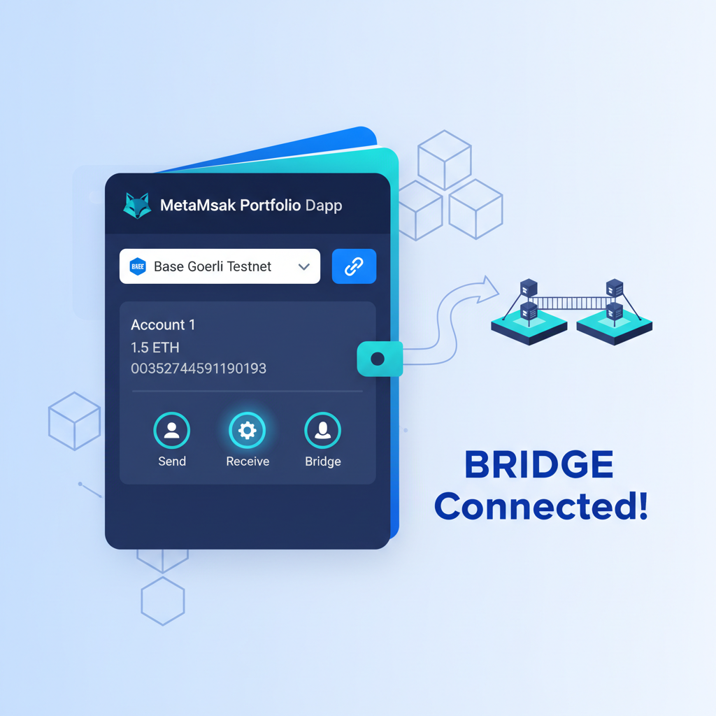 clean illustration of MetaMask wallet interface with Base chain added and bridge connected, crypto theme, vibrant blues