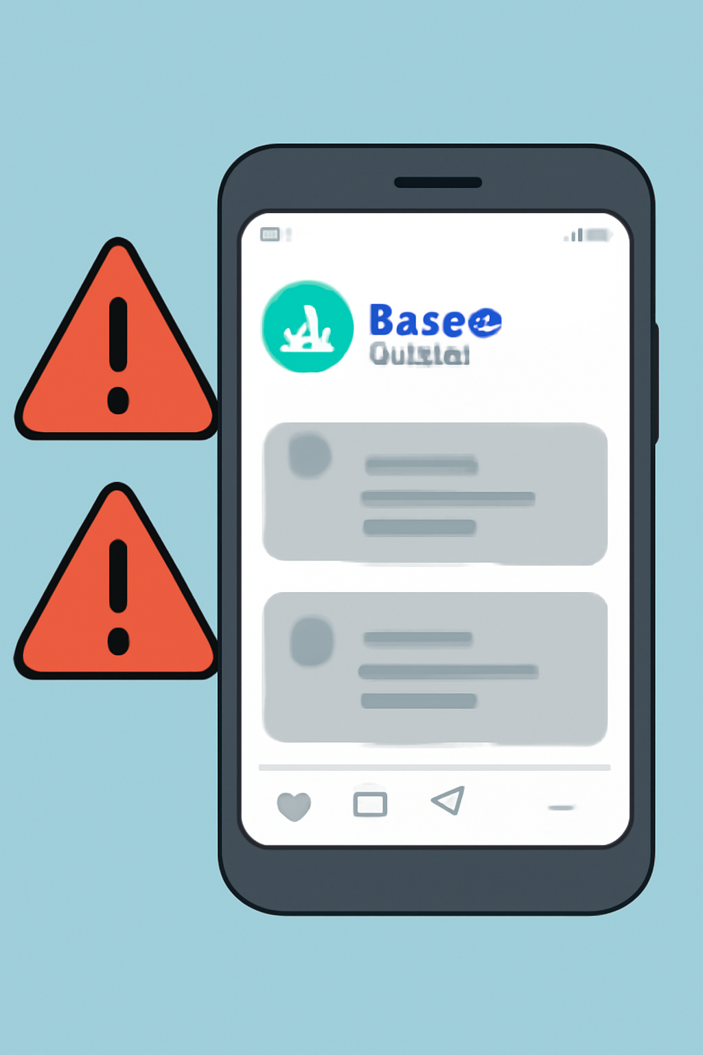 A smartphone displaying official Base social media updates, with warning signs for scams.